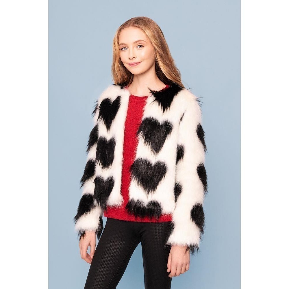 Kids Faux Fur Coat Jacket Black Heart Print Girls Trendy Outerwear